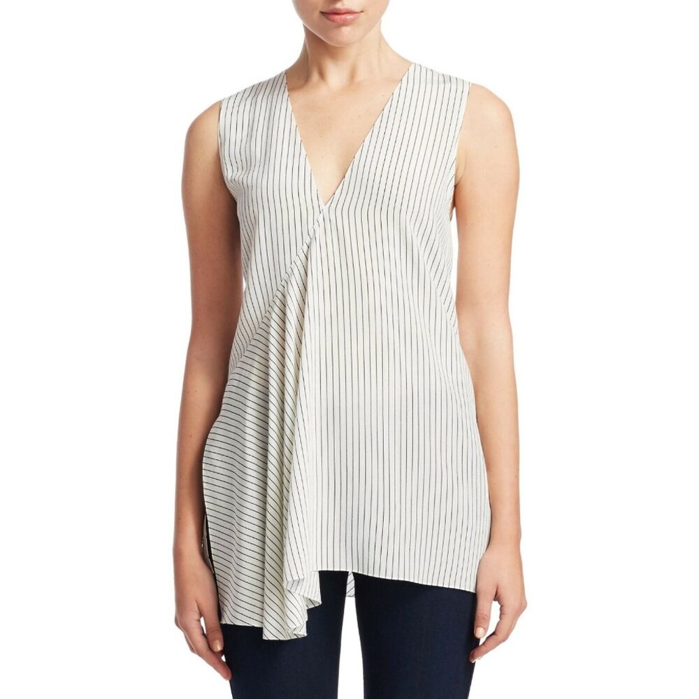 THEORY Ivory Fluid Pinstripe 100% Silk Top XSP Petite Sleeveless P